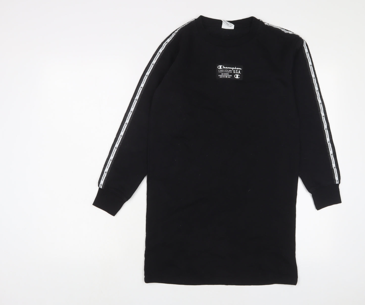 Champion Girls Black Cotton Jumper Dress Size 11-12 Years Crew Neck Pullover - Logo, Embroidered