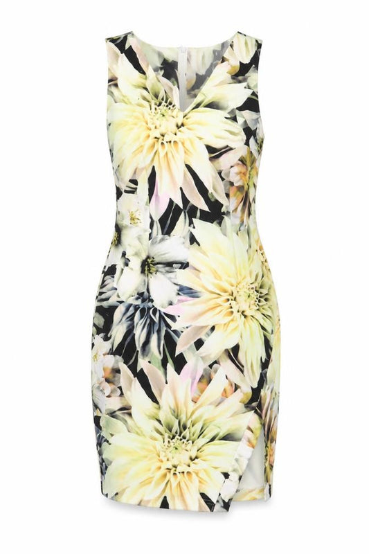 Front view of Angeleye women’s yellow floral polyester sheath, size UK 10, v-neck zip