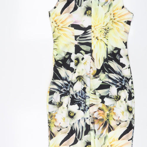 Angeleye Womens Yellow Floral Polyester Sheath Size 10 V-Neck Zip