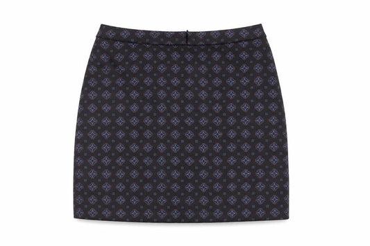 Front view of Warehouse women’s multicoloured argyle/diamond polyester a-line skirt, size UK 12, zip