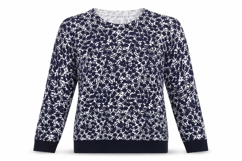 Front view of Monoprix women’s blue round neck geometric cotton jumper, size UK 10