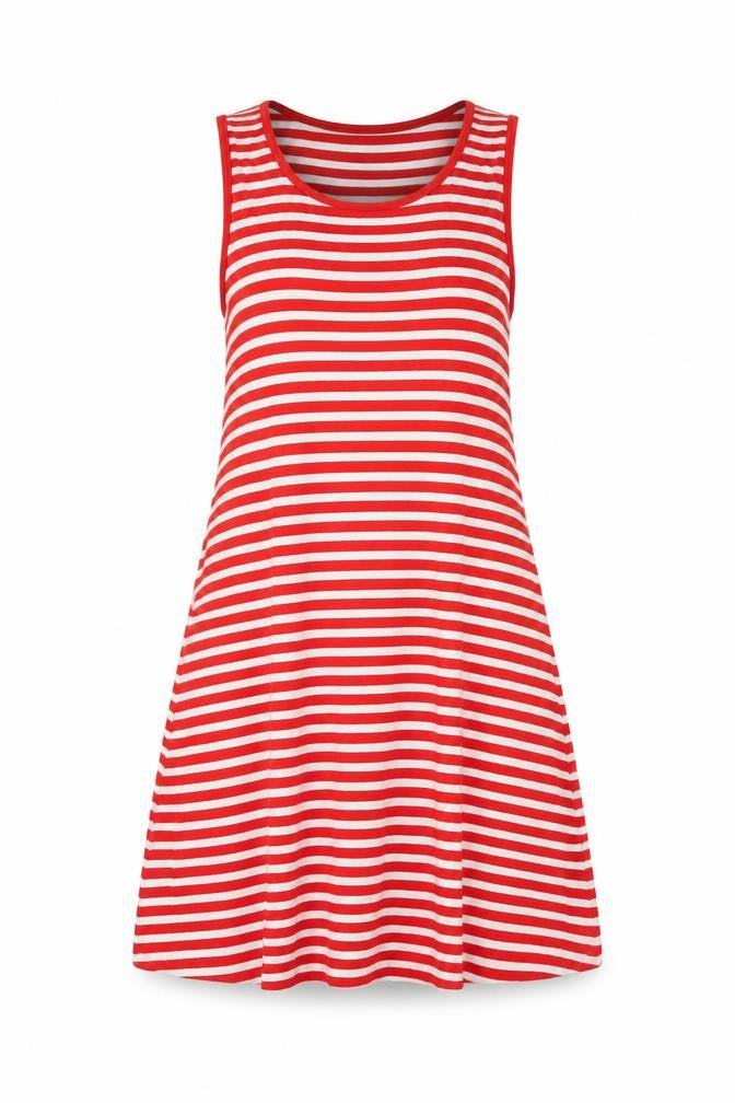 Front view of Next women’s red striped viscose a-line, size L, round neck pullover
