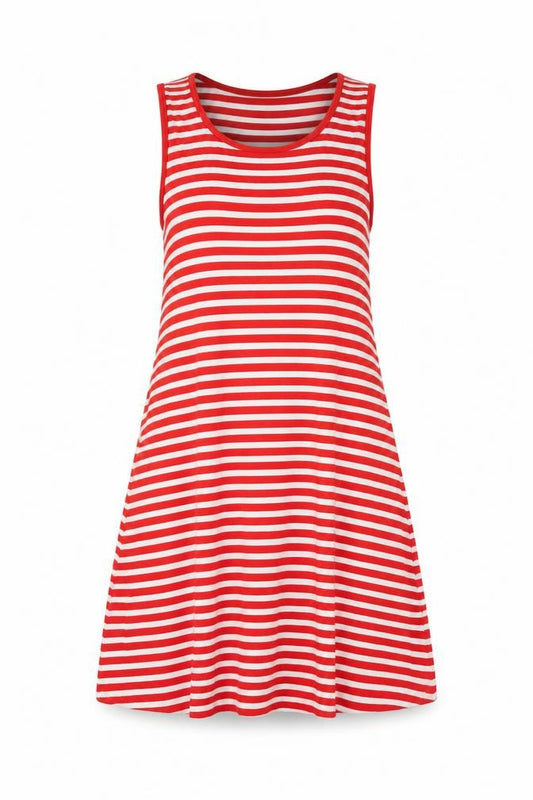 Front view of Next women’s red striped viscose a-line, size L, round neck pullover