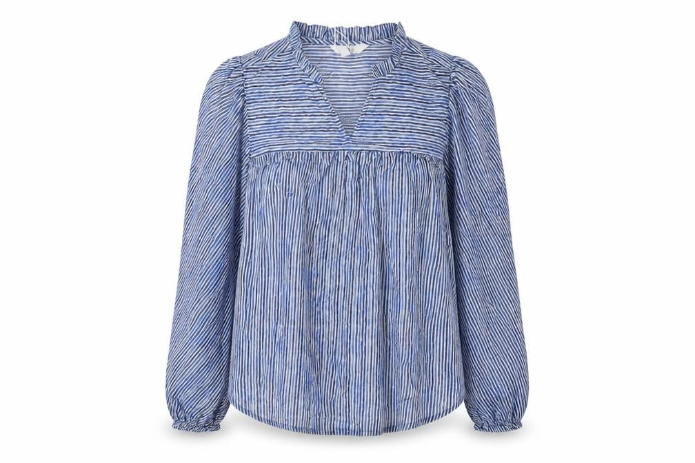 Front view of Marks & Spencer women’s blue striped cotton basic button-up, size UK 6, v-neck