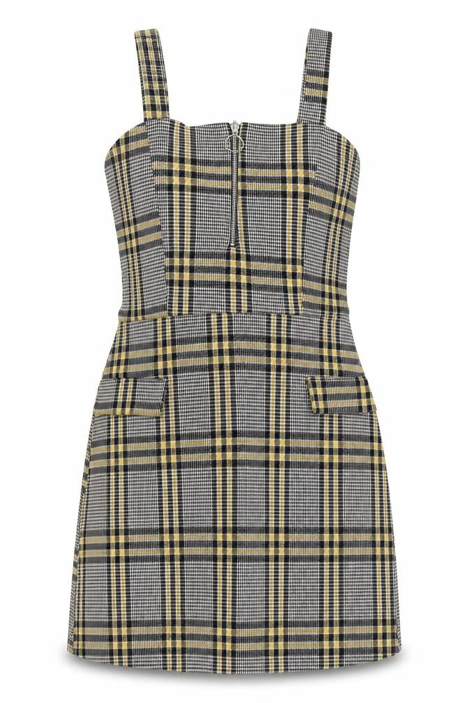 Front view of Quiz women’s grey plaid polyester mini, size UK 12, square neck zip