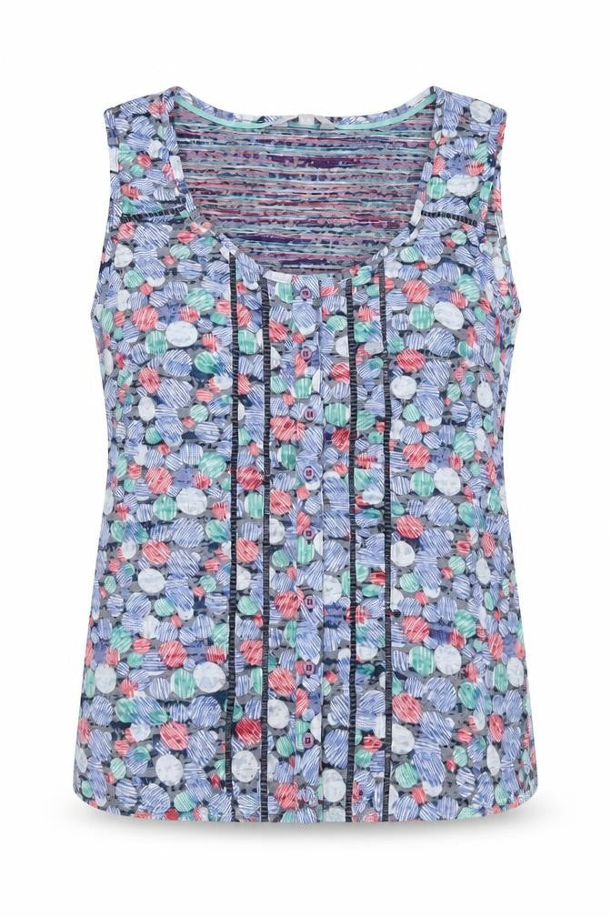 Front view of Per Una women’s blue geometric cotton basic tank, size UK 12, round neck