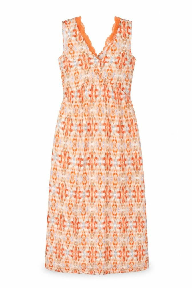 Front view of Marks & Spencer women’s orange geometric modal a-line, size UK 8, v-neck zip