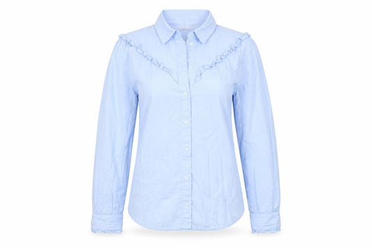 Front view of H&M women’s blue cotton basic button-up, size UK 6, collared