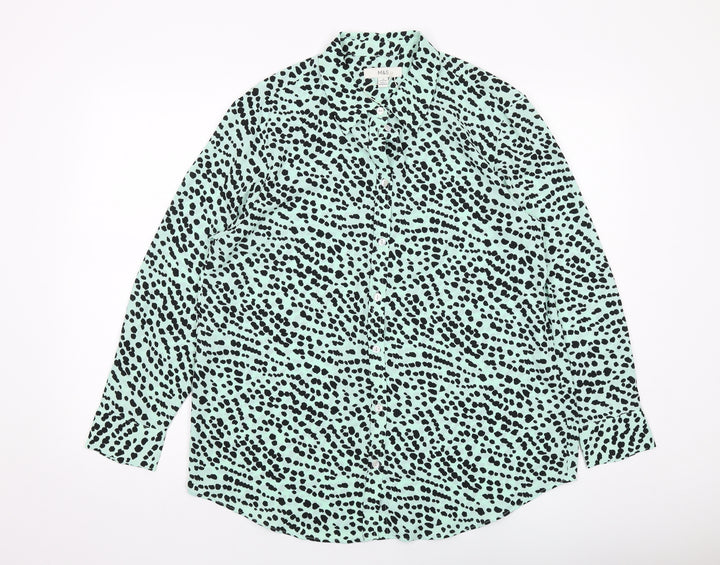 Marks and Spencer Womens Green Geometric Polyester Basic Button-Up Size 12 Collared
