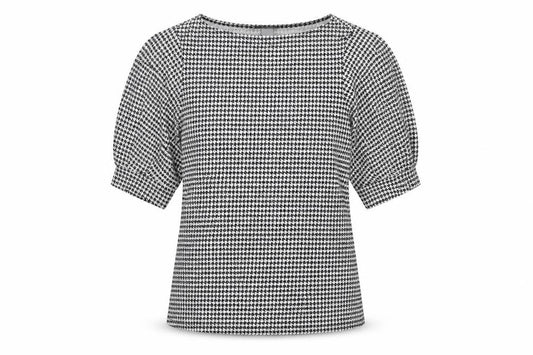 Front view of H&M women’s black geometric polyester basic t-shirt, size S, round neck