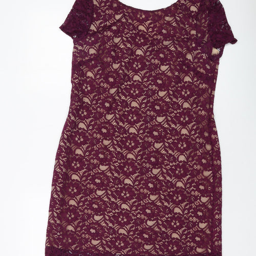 Oasis Womens Red Polyamide Sheath Size 14 V-Neck Zip