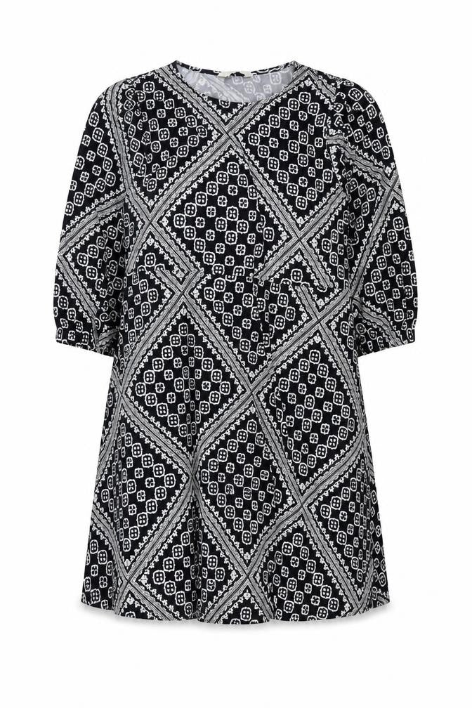 Front view of Marks & Spencer women’s beige geometric viscose a-line, size UK 18, round neck pullover