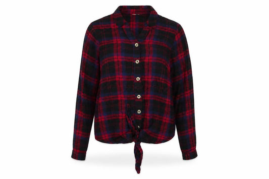Front view of Monsoon women’s red plaid cotton basic button-up, size S, collared