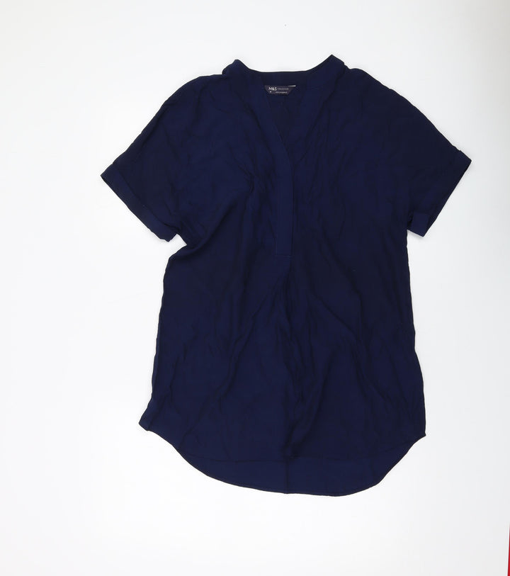 Marks and Spencer Womens Blue Viscose Basic Blouse Size 10 V-Neck