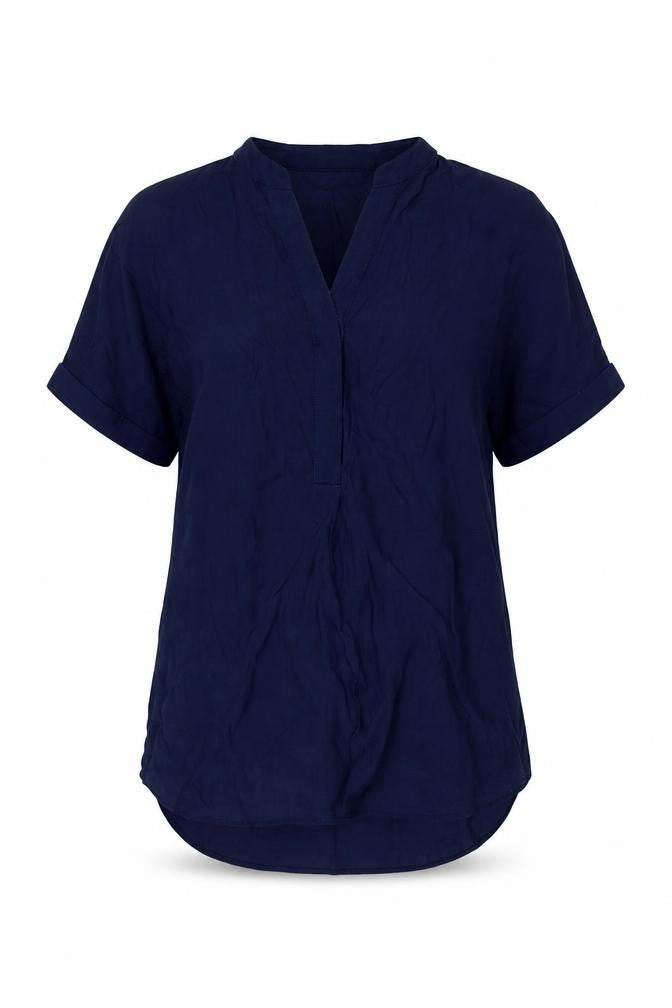 Front view of Marks & Spencer women’s blue viscose basic blouse, size UK 10, v-neck