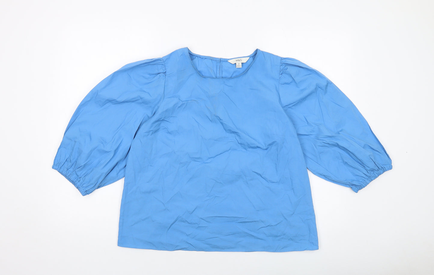Marks and Spencer Womens Blue Cotton Basic Blouse Size 14 Round Neck
