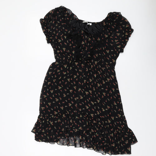 New Look Womens Black Floral Polyester A-Line Size 8 Round Neck Pullover