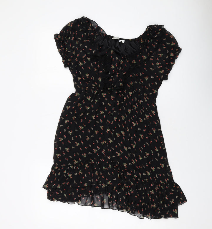 New Look Womens Black Floral Polyester A-Line Size 8 Round Neck Pullover
