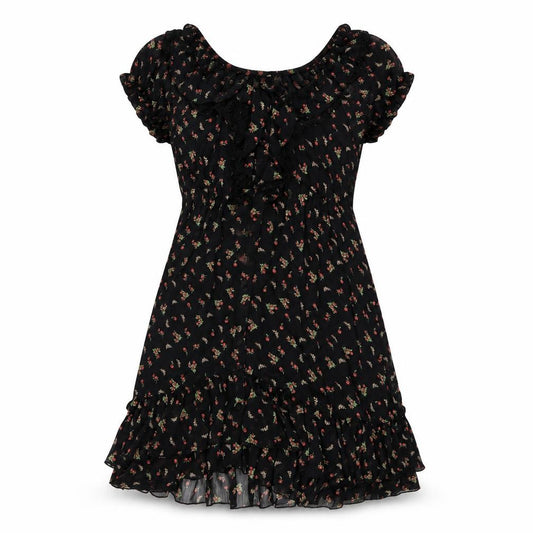Front view of New Look women’s black floral polyester a-line, size UK 8, round neck pullover