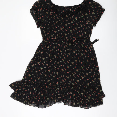 New Look Womens Black Floral Polyester A-Line Size 8 Round Neck Pullover