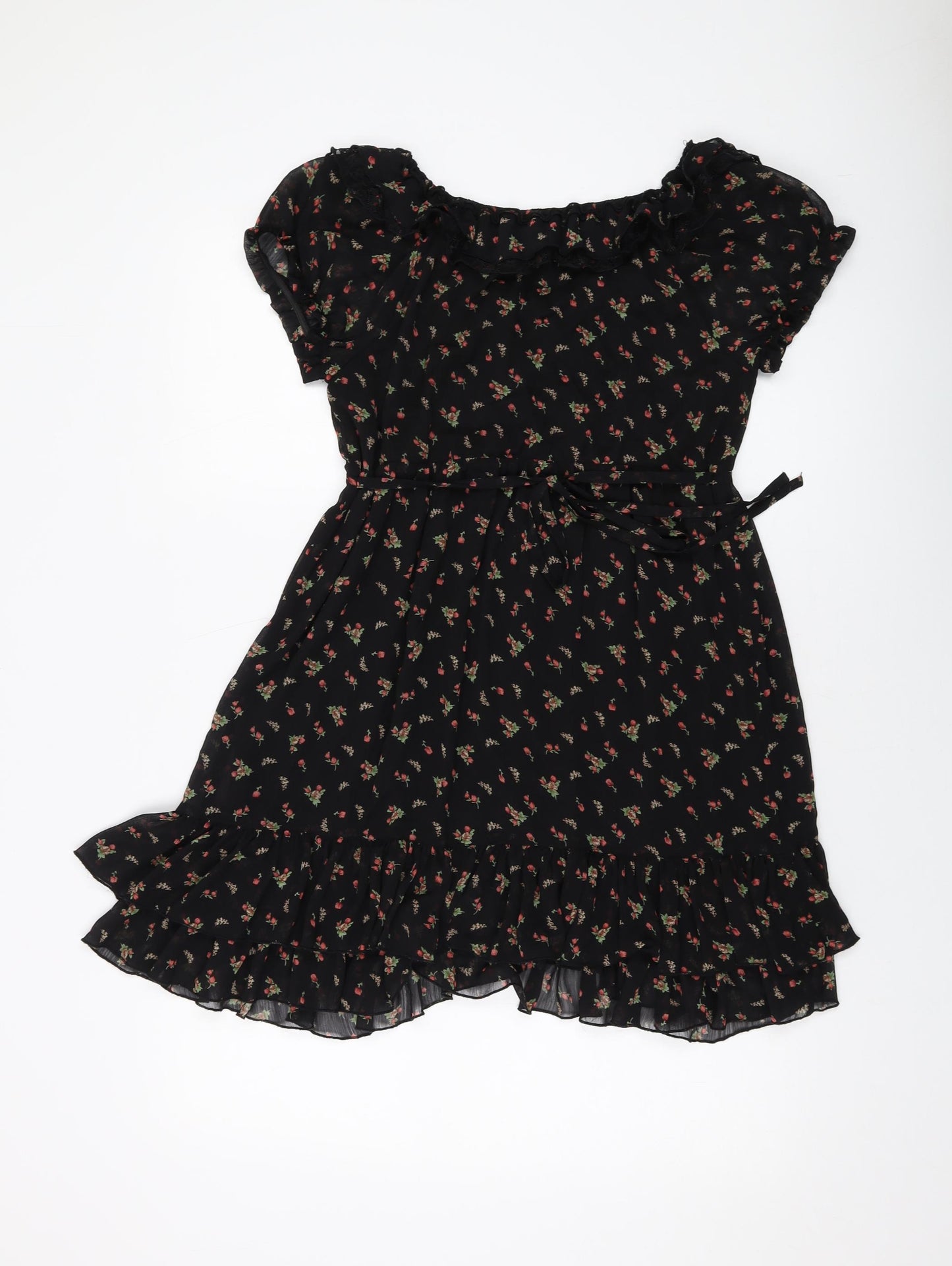 New Look Womens Black Floral Polyester A-Line Size 8 Round Neck Pullover