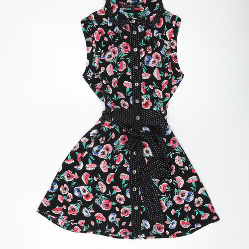 Miss Selfridge Womens Black Floral Polyester A-Line Size 8 Collared Button