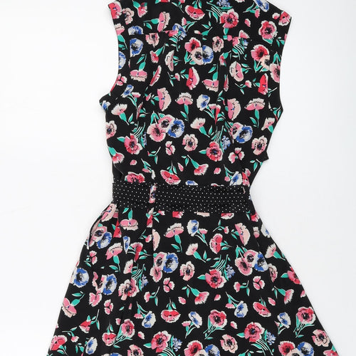 Miss Selfridge Womens Black Floral Polyester A-Line Size 8 Collared Button