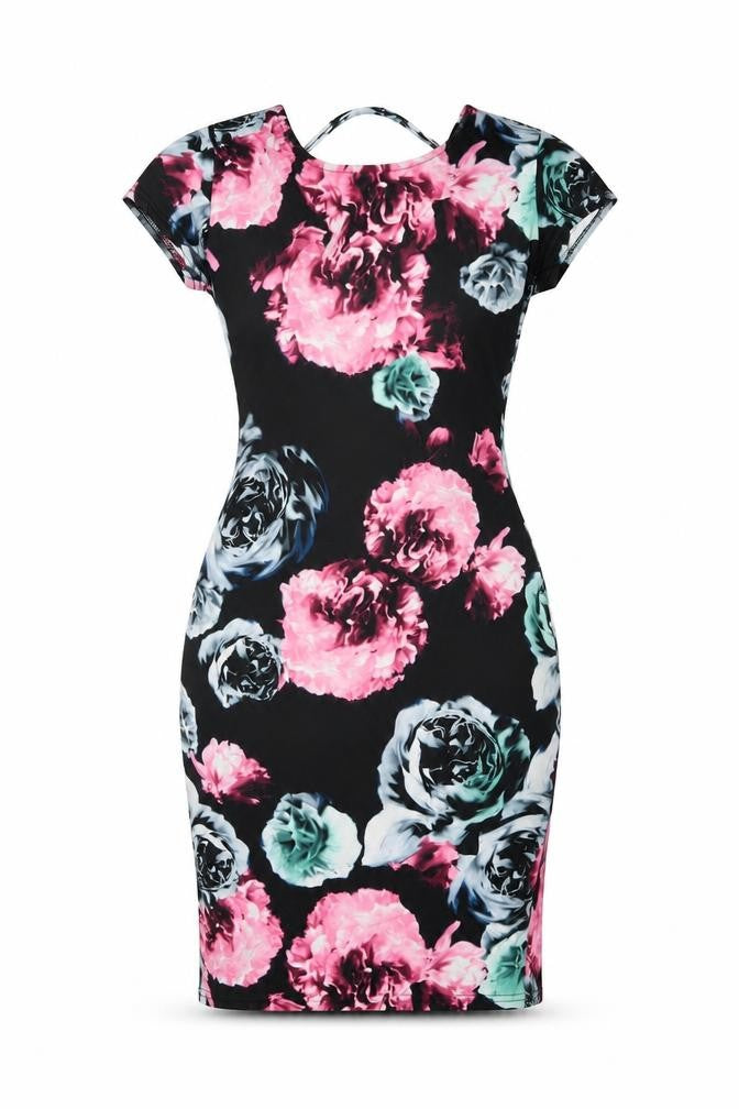 Front view of Quiz women’s multicoloured floral polyester bodycon, size UK 6, round neck pullover