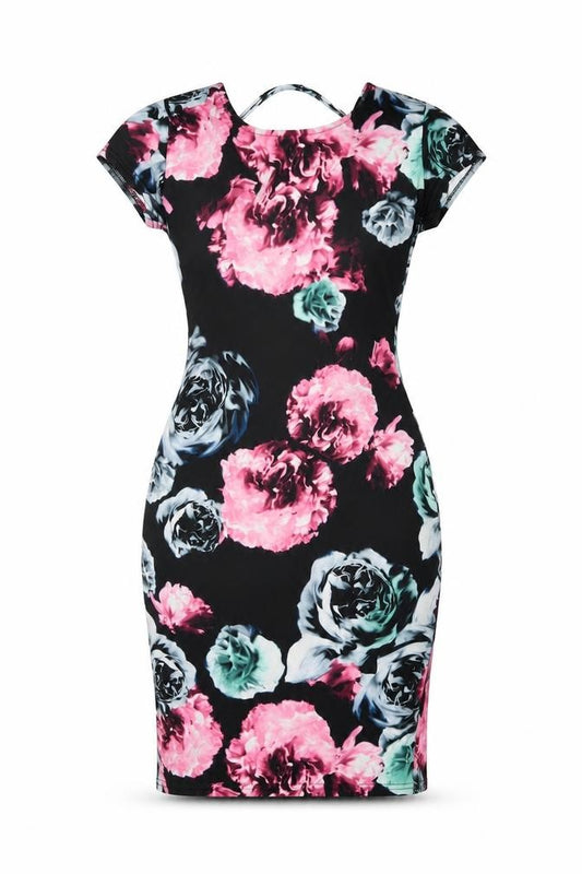 Front view of Quiz women’s multicoloured floral polyester bodycon, size UK 6, round neck pullover