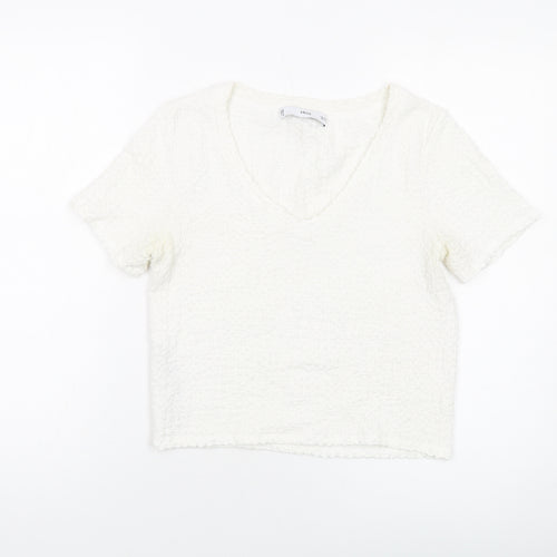 Mango Womens Ivory Polyester Cropped T-Shirt Size S Round Neck