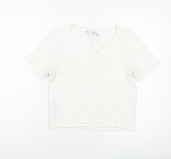 Mango Womens Ivory Polyester Cropped T-Shirt Size S Round Neck