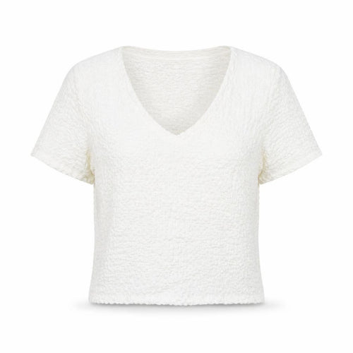 Mango Womens Ivory Polyester Cropped T-Shirt Size S Round Neck