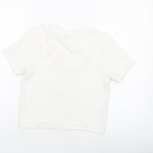 Mango Womens Ivory Polyester Cropped T-Shirt Size S Round Neck
