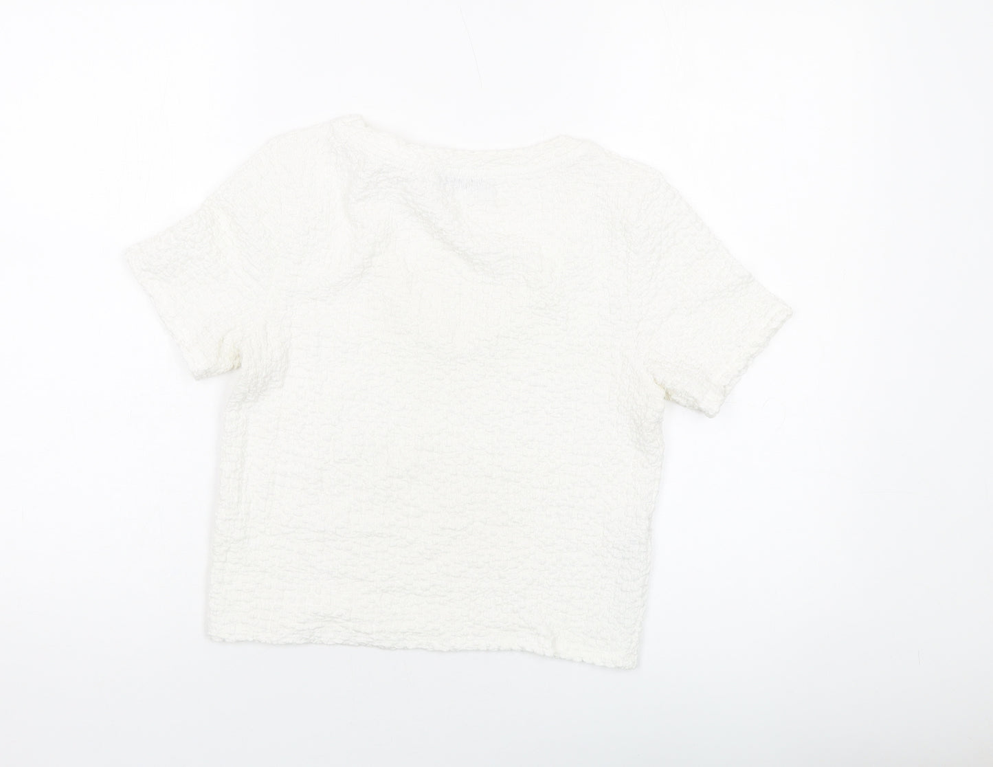 Mango Womens Ivory Polyester Cropped T-Shirt Size S Round Neck