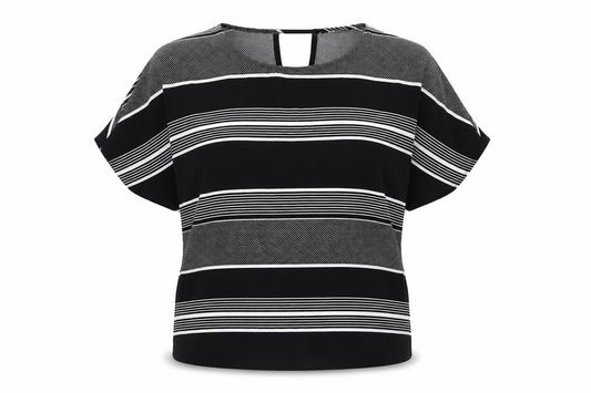 Front view of Debenhams women’s black striped polyester basic blouse, size UK 14, round neck