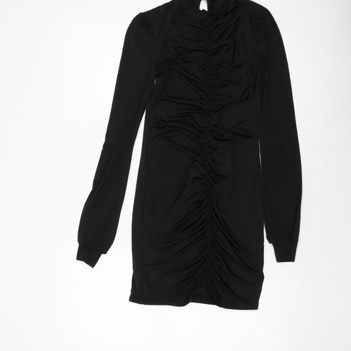 PRETTYLITTLETHING Womens Black Polyester Mini Size 8 Mock Neck Button