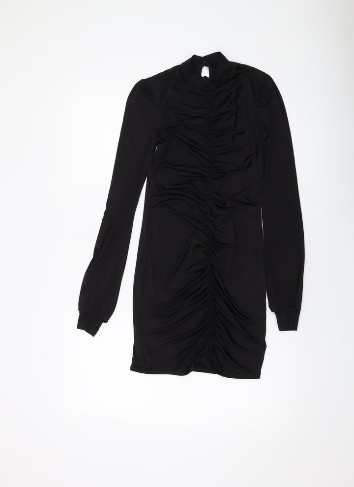 PRETTYLITTLETHING Womens Black Polyester Mini Size 8 Mock Neck Button