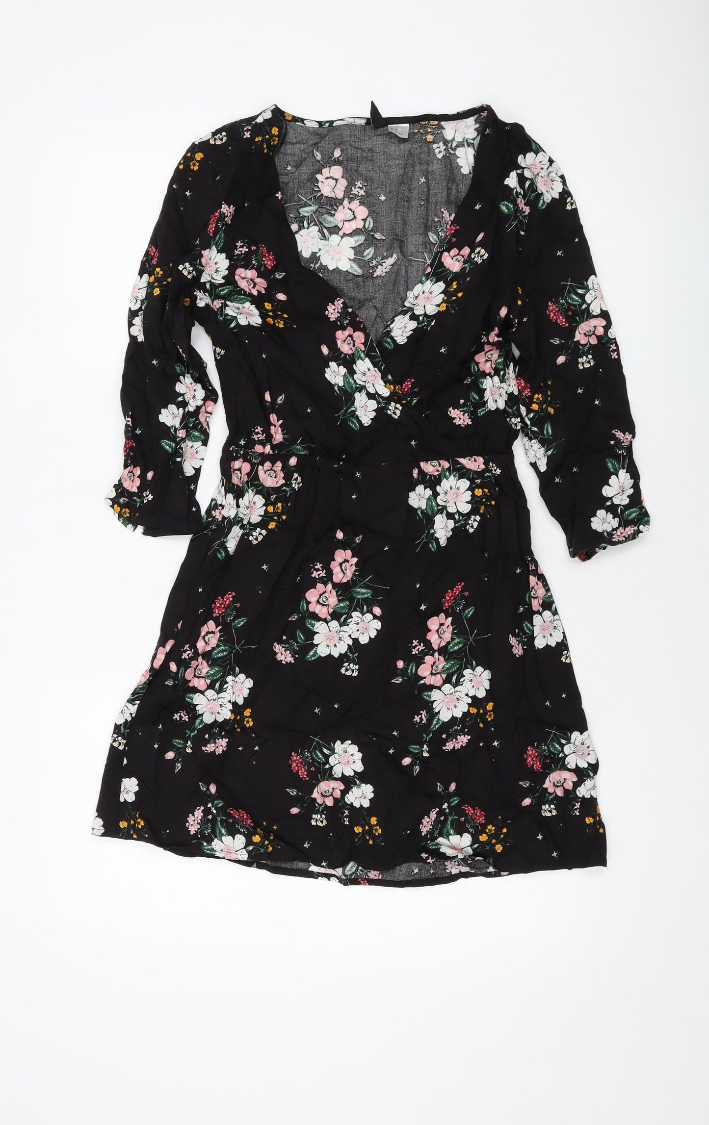 H&M Womens Black Floral Viscose A-Line Size 8 V-Neck Pullover