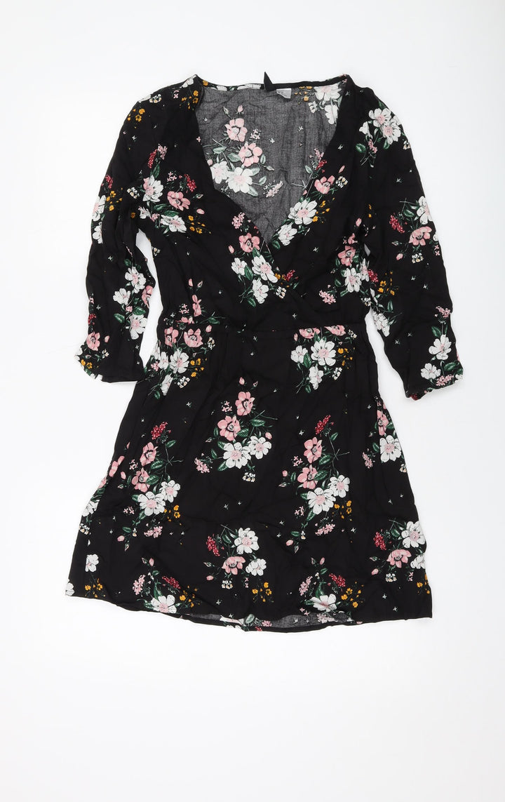 H&M Womens Black Floral Viscose A-Line Size 8 V-Neck Pullover