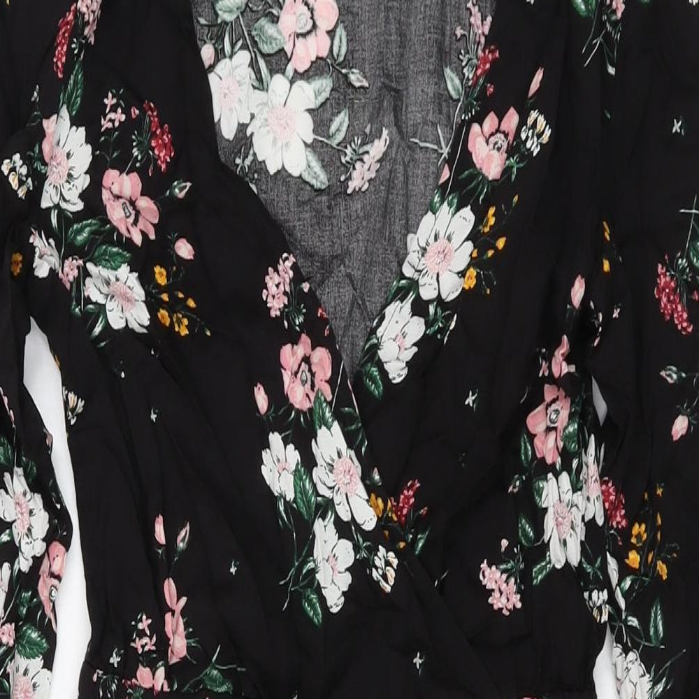 H&M Womens Black Floral Viscose A-Line Size 8 V-Neck Pullover