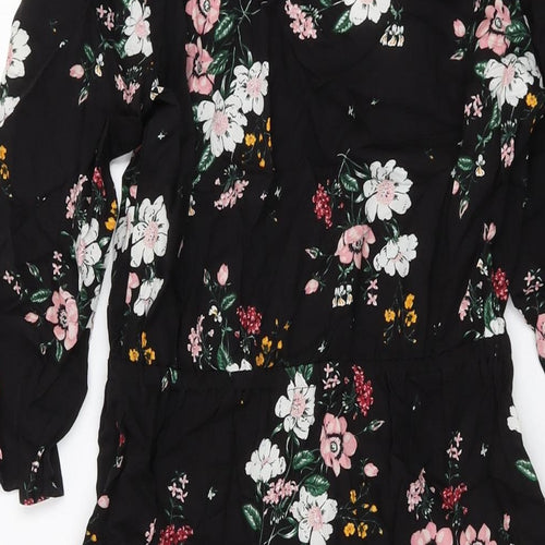 H&M Womens Black Floral Viscose A-Line Size 8 V-Neck Pullover