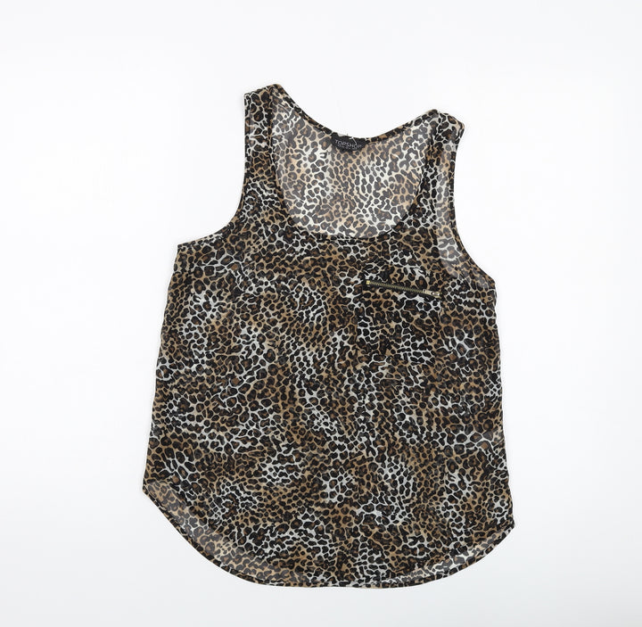 Topshop Womens Brown Animal Print Polyester Basic Tank Size 8 Round Neck