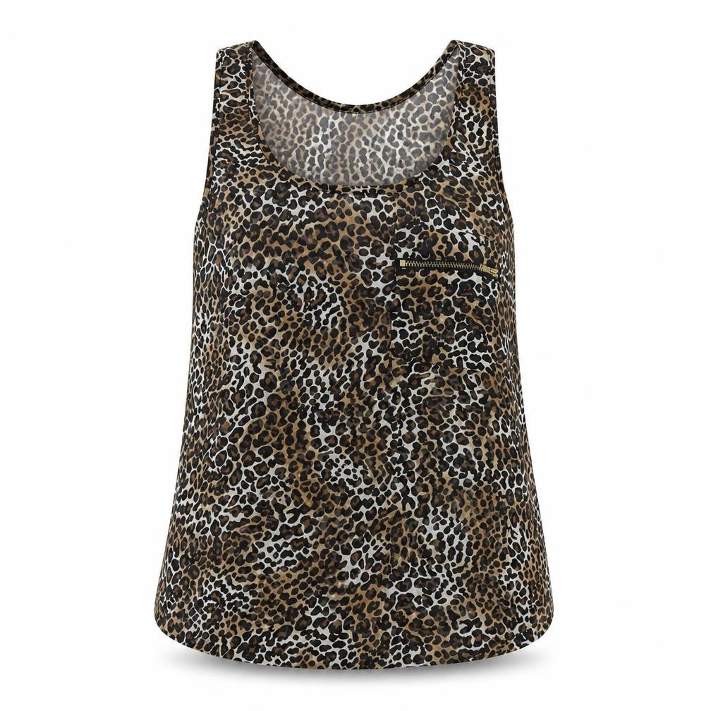 Front view of Topshop women’s brown animal print polyester basic tank, size UK 8, round neck