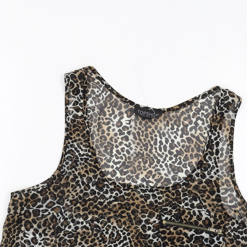 Topshop Womens Brown Animal Print Polyester Basic Tank Size 8 Round Neck