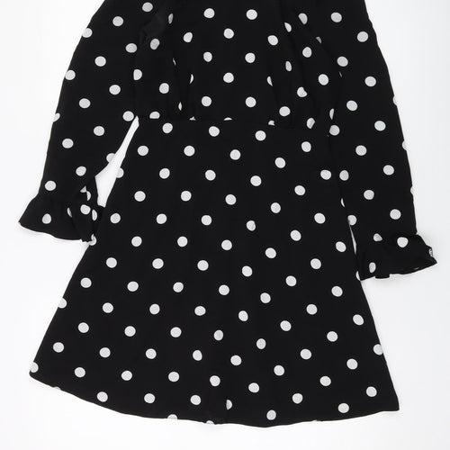 New Look Womens Black Polka Dot Polyester A-Line Size 6 Mock Neck Button