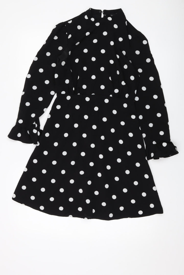 New Look Womens Black Polka Dot Polyester A-Line Size 6 Mock Neck Button