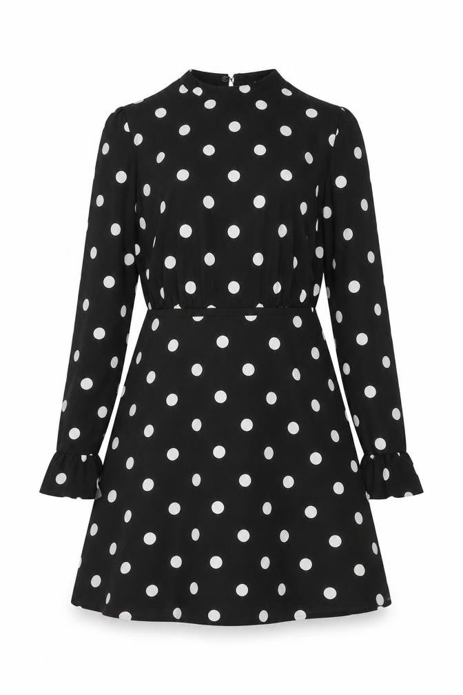 Front view of New Look women’s black polka dot polyester a-line, size UK 6, mock neck button