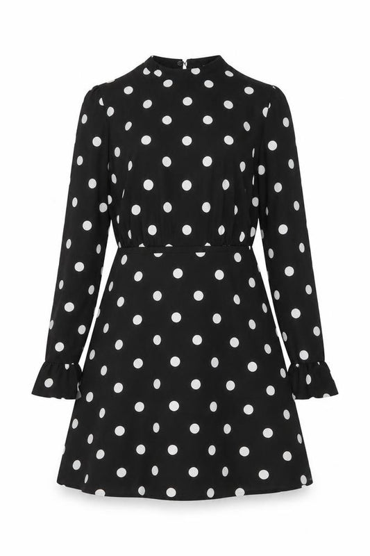 Front view of New Look women’s black polka dot polyester a-line, size UK 6, mock neck button