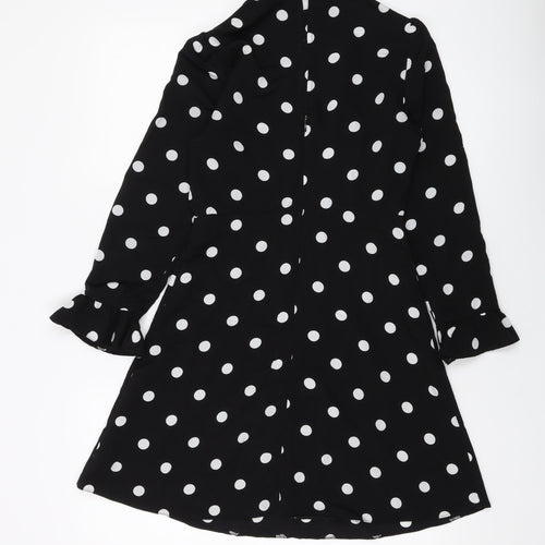 New Look Womens Black Polka Dot Polyester A-Line Size 6 Mock Neck Button