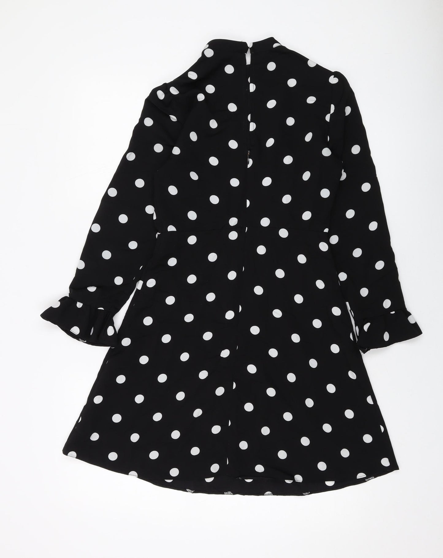 New Look Womens Black Polka Dot Polyester A-Line Size 6 Mock Neck Button